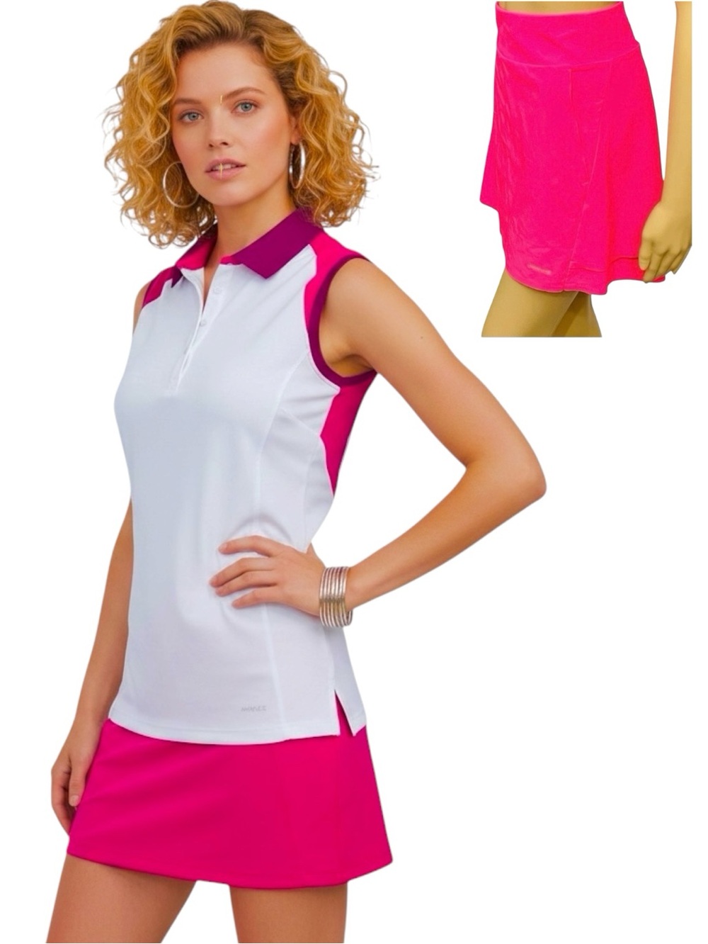 Cutter & Buck Set Skirt-Skort Shirt-Top Neon Pink UPF 50+ Pull On Sz L